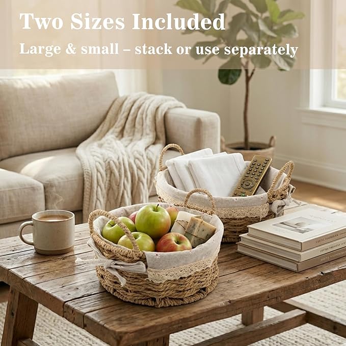 Small Wicker Storage Baskets for Organizing, Set of 2 Round Woven Basket with Handles & Removable Daisy Liner, Boho Paper Rope Cute Baskets for Gift, Decor, Pantry, Shelf, Table, Kitchen