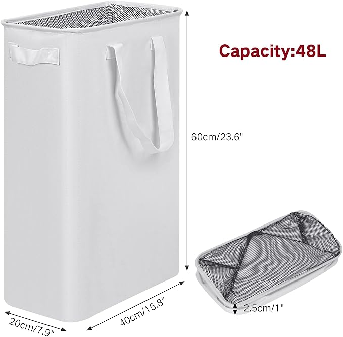 efluky Slim Laundry Basket, Narrow Laundry Hamper with Handles, Collapsible Dirty Clothes Hamper, Tall Laundry Bin for Laundry Room, Dorm and Bedroom, 12.7 Gallons(48L) White
