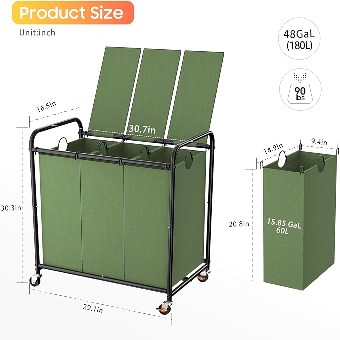 180L (47.55 Gal) Laundry Sorter 3 Section, Rolling Laundry Basket with Lockable Wheels and Lid, Laundry Hamper with 3 Separated Removable Bags Dirty Clothes Hamper for Laundry Room Organizer, Green