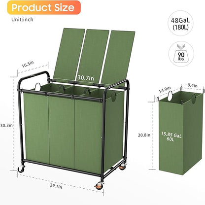 180L (47.55 Gal) Laundry Sorter 3 Section, Rolling Laundry Basket with Lockable Wheels and Lid, Laundry Hamper with 3 Separated Removable Bags Dirty Clothes Hamper for Laundry Room Organizer, Green