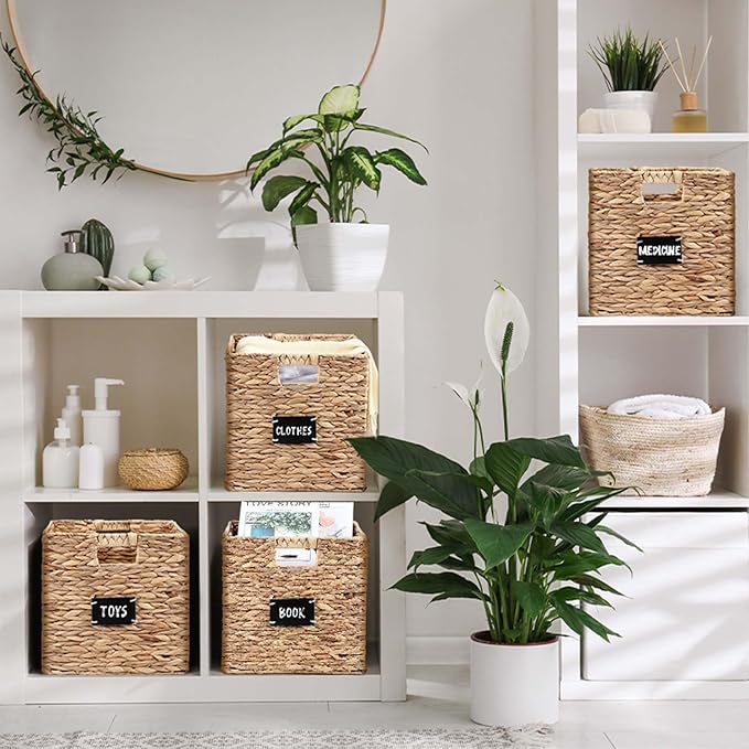 Jinei 12 Pcs Wicker Storage Basket Bulk, 10 x 10 x 10 Inch Handwoven Hyacinth Folding Cube Bin with Handles Labels for Shelves Pantry Laundry Organization