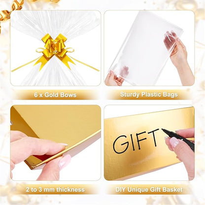 AFOROEOA 6PACK Gold Baskets for Gifts Empty, 12x10x4” Thick Cardboard Gift Basket Kit with 6 Bows & 6 Bags - Kraft Empty Gift Baskets for Christmas, Weddings, Birthdays, Holiday Gifting