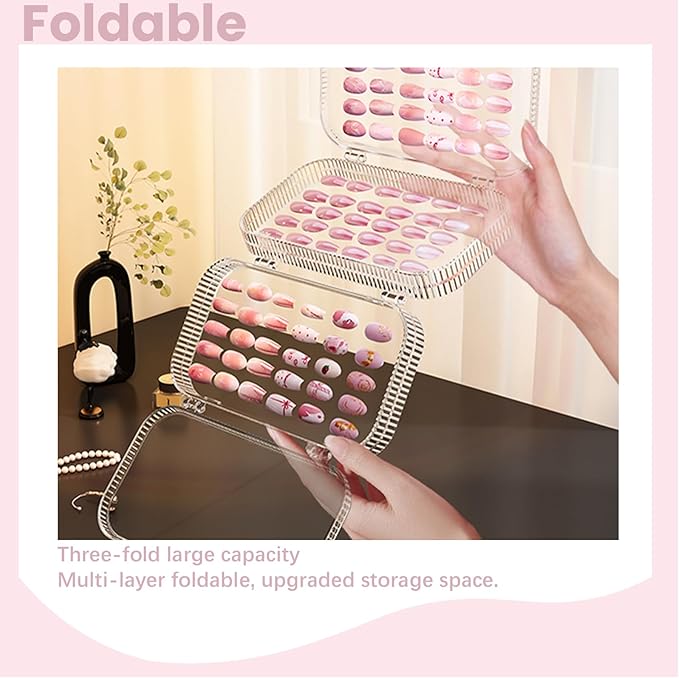 Large Tri-Fold Press On Nail Organizer Case - 4-Page Portable Storage Box for Fake Nails, Clear PET Plastic Travel Holder (6×3.2×1.8 inch) Texture 2Pcs