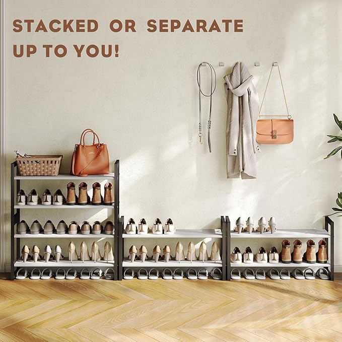 Shoe Rack for Closet & Entryway, Stackable Shoe Organizer, Screw-Fastened Metal Frame for Less Wobble, Heel-Friendly Non-Woven Shelves, 11.8" Deep Space-Saving Shoe Storage (Black, 2-1 Tier) (2-1)