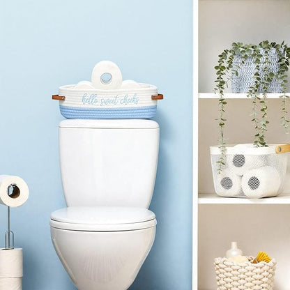 Hello Sweet Cheeks Bathroom Decoration Blue and White Cotton Rope Toilet Basket Toilet Paper Holder Basket Rustic Bathroom Organizer Farmhouse Home Decoration Organizing Small Baskets