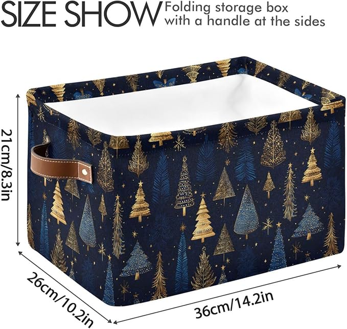 Large Storage Basket Gold Blue Christmas Trees Storage Bin Cube Canvas Fabric Organizer Handles Collapsible for Clothes Toys Bedroom Decorative