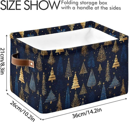 Large Storage Basket Gold Blue Christmas Trees Storage Bin Cube Canvas Fabric Organizer Handles Collapsible for Clothes Toys Bedroom Decorative