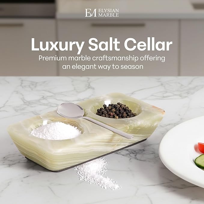 Marble Salt and Pepper Dish with Spoon, Handcrafted Double Spice Tray with 2 Compartments, Natural Stone Condiment Dish for Cooking Prep and Serving - Green Onyx