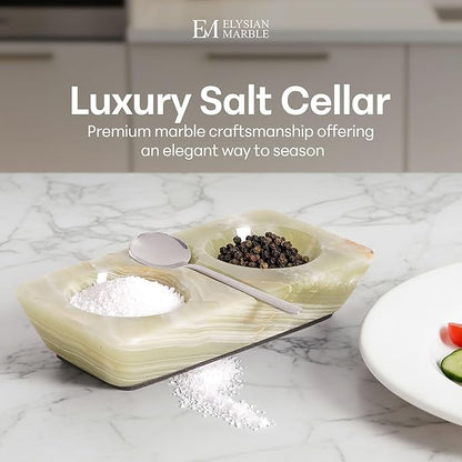 Marble Salt and Pepper Dish with Spoon, Handcrafted Double Spice Tray with 2 Compartments, Natural Stone Condiment Dish for Cooking Prep and Serving - Green Onyx