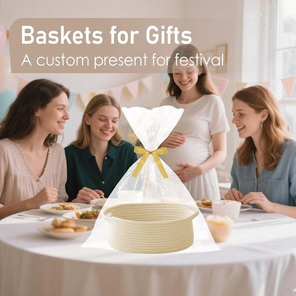 JMvicyroam Woven Basket,Small Rope Storage Bin with Handles & Ribbon Bag, Organizer for Shelves Closets,Gift Basket Empty for Birthday,Books,Dog Toys,Beige