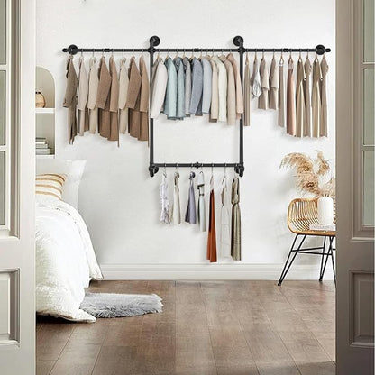 Livabber Industrial Pipe Clothes Rack, Heavy Duty Detachable Iron Garment Rack Wall Mounted, Rustic Saving Space Clothes Bar Multi-Purpose Hanging Rod for Bedroom, Closet, 2 Tier, Black (82 Inch)