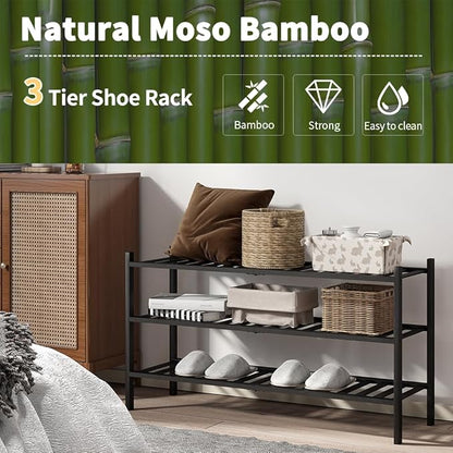 Long Shoe Rack, 3-Tier Bamboo Stackable Shoe Shelf Storage Organizer, Shoe Stand for Closet, Entryway and Hallway
