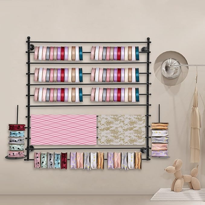 Wall Mounted Display Rack, 12 Layer Wall Wrapping Paper Ribbon Organizer, Scarves Tie & Scarf Rack Belts Towel Holder for Home, Retail Stores, Flower Shop (Black)