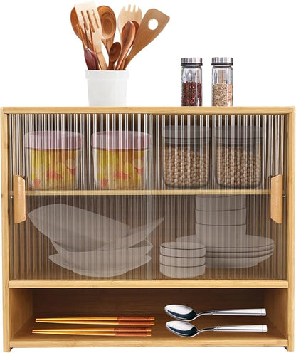 OUKANING 3 Tiers Small Bamboo Kitchen Pantry Sideboard with 2 Sliding Striped Glass Doors, Freestanding Kitchen Pantry Cabinet for Bottle, Dish, Bowl Console Dining Cupboard, Log-Colored