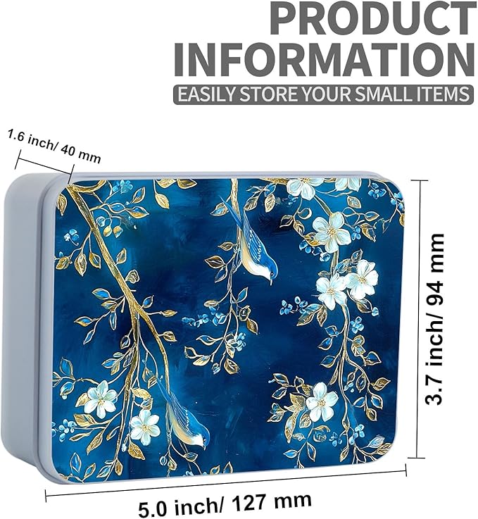 Exquisite Metal Tin Box Sturdy Metal Storage Box with Lid, Blue Birds Flowers Large Container Holder for TCG Cards, Car Keys, Cookies, Tin Containers for Gift, 5.0x3.7x1.6 Inch