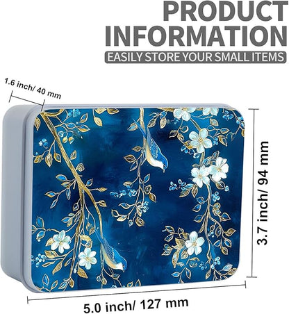 Exquisite Metal Tin Box Sturdy Metal Storage Box with Lid, Blue Birds Flowers Large Container Holder for TCG Cards, Car Keys, Cookies, Tin Containers for Gift, 5.0x3.7x1.6 Inch