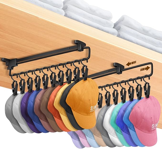 Sliding Hat Organizer with 20 Clips, Hat Organizer for Baseball Caps, Racks for Baseball Caps Wall Space Saving Design, 2 Pack, Black