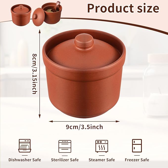 Maxdot 2 Pcs Salt Cellar with Lid and Wooden Spoon, 8 oz, Handcrafted Zisha Clay Salt Container Heavyweight Spices Jar Housewarming Gift for Kitchen Countertop, Kosher, Sea, Sugar, Keeps Spices Dry