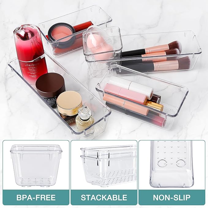 StorMiracle 13 PCS Drawer Organizer Set, 5 Varied Size Bathroom and kitchen Drawer cabinet organizer Trays, Clear Storage Bins for Makeup, Jewelry, Utensils and Gadgets