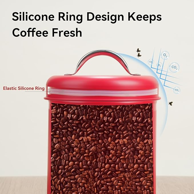 Farmhouse Coffee Canister Storage Container, 42 Oz Vintage Coffee Bean Airtight Jar with Lids, Food Tins with 12 Label Stickers, Kitchen Counter Pantry Organization for Candy Sugar Cookie Tea (Red)