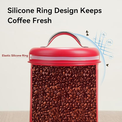 Farmhouse Coffee Canister Storage Container, 42 Oz Vintage Coffee Bean Airtight Jar with Lids, Food Tins with 12 Label Stickers, Kitchen Counter Pantry Organization for Candy Sugar Cookie Tea (Red)