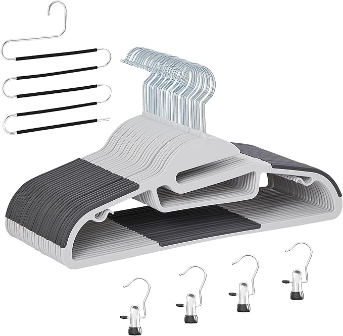 VECELO 25 Pack Coat Hangers, Premium Quality Plastic Suit Clothes Hanger, Non-Slip, Heavy-Duty, S-Shaped Opening, 360º Swivel Hook, Space-Saving for Bedroom Closet