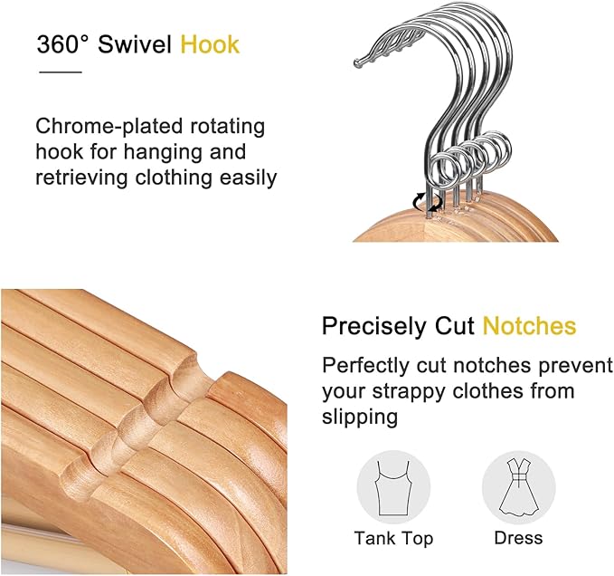 TOPIA HANGER Wooden Hangers 30 Pack, Space Saving Coat Hanger with 360° Swivel Cascading Ring Hook, Non Slip Pants Bar and Shoulder Notches for Camisole, Jacket, Suit, Clothes Hangers -CT62N30