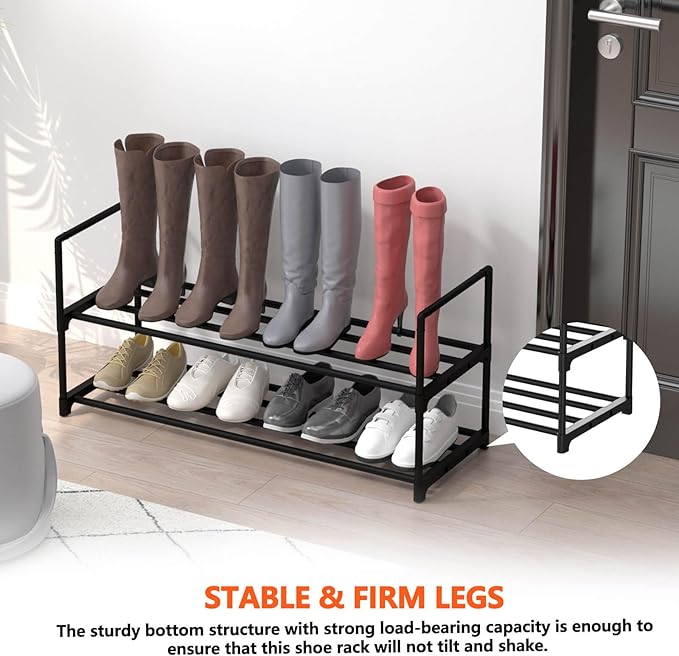 Hsscblet 2 Tier Metal Shoe Rack,Adjustable Shoe Shelf Storage Organizer,Stackable Boot & Shoe Storage,for Entryway,Hallway,Closet,Black