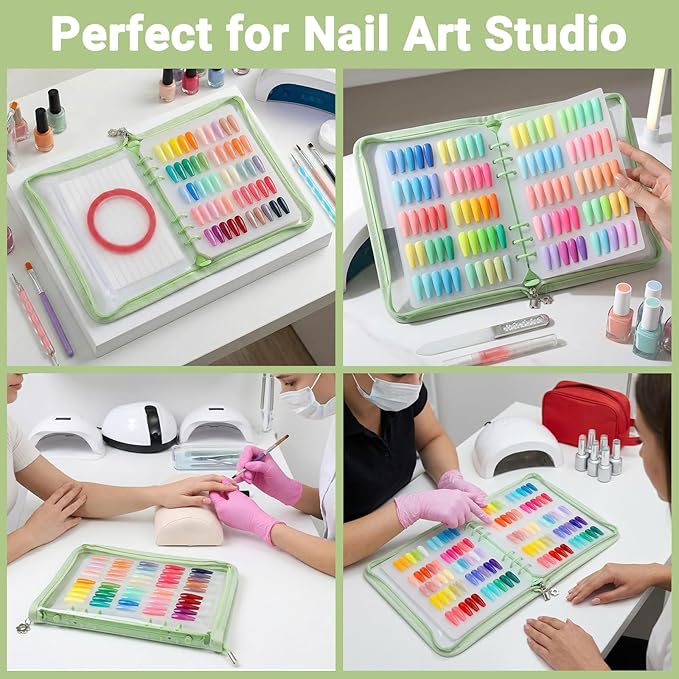 Segbeauty Nail Swatches Book with A5 Zipper Binder, Nail Polish Display Book with 240 Fake Nails, Adhesive Tape, Pocket Insert, Press on Nails Storage Organizer Case for Manicure Salon DIY, Green