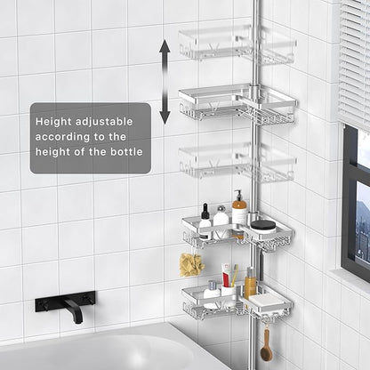 KEGII Shower Caddy Tension Pole with 2 Towel Bars, Adjustable Corner Bathroom Organizer, Rustproof Bathtub Storage Shelves for Shampoo, 25–114.2 Inch Shower Rack for Renters & Family, Silver