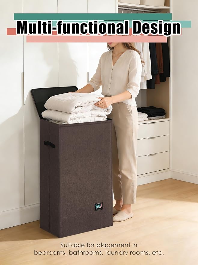 WTREE Laundry Hamper with Lid, Reinforced Sturdy Clothes Hamper with Anti-Puncture Base, Large Collapsible Laundry Basket with Removable Liner Bag, Tall Dirty Clothes Bin for Family, 100L Chocolate
