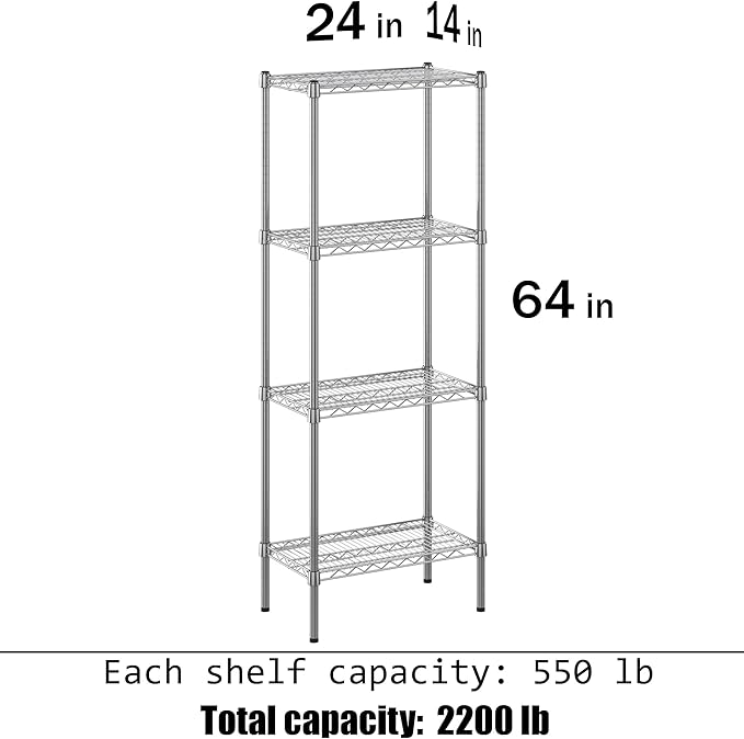 14" Deep x 24" Wide x 64" Height Wire Shelving Kit | 4-Tier | NSF Commercial Storage Rack Unit