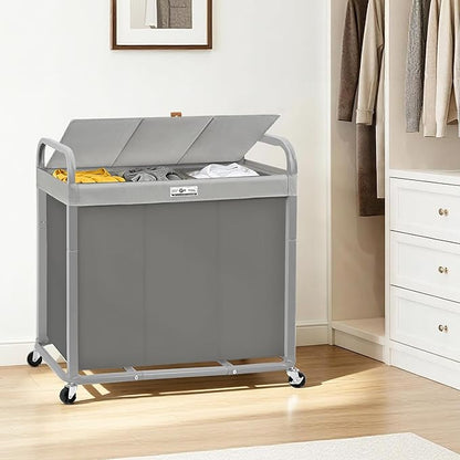 STORAGE MANIAC 3 Section Laundry Sorter, 60 Gal. Laundry Hamper Cart with Heavy Duty Rolling Lockable Wheels and Removable Bags, Clothes Organizer Basket Clothes Separator Hamper, Gray with Lid