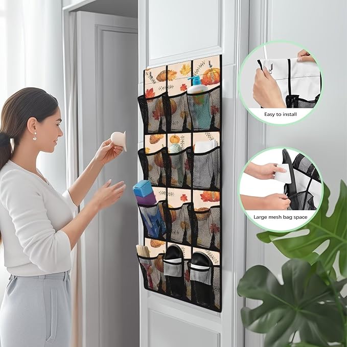 Turkey Pattern Behind Door Organizer for Thanksgiving Decoration 12 Pockets Over The Door Shoe Organizer for Closet Easy to Install Shoe Holder Hanger for Office