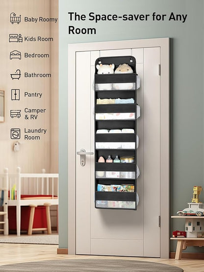 Yecaye 1 Pc Over the Door Organizer with 5 Bins 10 Side Pockets, 44lbs Load Hanging Bathroom and Bedroom Organizer, behind the Door Hanging Organizers for Nursery Newborn Baby Essential Stuff Black
