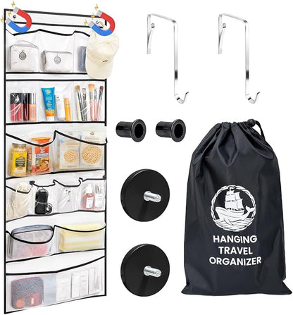 Cruise Ship Magnetic Door Organizer, Over The Door Organizer For Cruise Ships, Magnetic Shoe Rack with 2 Strong Anti-Scratch Magnets & Durable Pockets To Store Cruise Essentials (White)