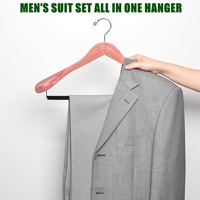 Amber Home 10 Pack Cedar Suit Hangers with Extra Wide Shoulder, Wooden Clothes Hangers for Coats & Jacket, Aromatic Natural Cedar Hangers with Non-Slip Velvet Pant Bar