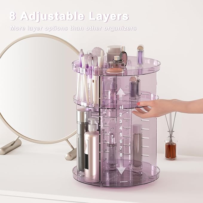 Rotating Makeup Organizer for Vanity, DIY Adjustable Tray Spinning Skincare Organizers Countertop, Cosmetic Display Case with Perfume Tray Brush Holder, Bathroom Desk Corner Storage Carousel Rack