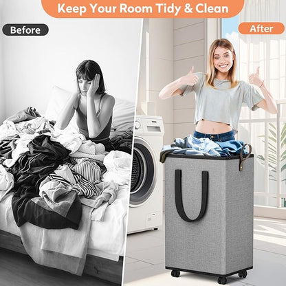SpaceTrove Laundry Basket with Wheels, Collapsible Laundry Baskets, Laundry Hamper with Handles Detachable Wheels, Rolling Laundry Basket, Dirty Clothes Hamper for Bathroom, Dorm, Bedroom, Grey, 80L