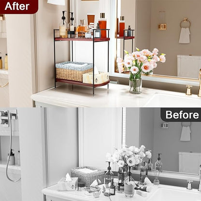 REFGY 2-Tier Bathroom Counter Organizer, Solid Wood-Texture Countertop Storage Shelf for Vanity Decor, Versatile Spice Rack & Coffee Bar Accessories, Non-Slip Makeup Organizer for Bedroom, Brown