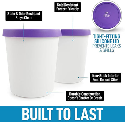 Zulay [2 Pack - 1 Quart Each] Large Ice Cream Containers For Homemade Ice Cream - Reusable Ice Cream Container Set with Lids - Ice Cream Pint Containers For Sorbet, Gelato, Frozen Yogurt (Purple)