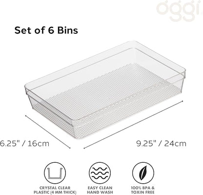 Oggi Clear Drawer Organizer - 6.25" X 9.25" (Set of 6) - Ideal for Organizing Kitchen Drawers, Office, Desk, Silverware, Kitchen Utensils, Cosmetics and Bathrooms