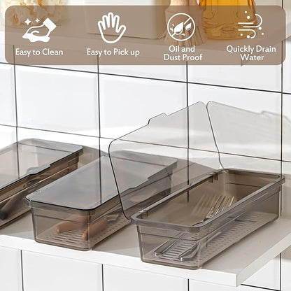 Remerry 3 Pcs Flatware Tray with Lid and Drainer, Plastic Utensil Organizer, Kitchen Cutlery Transparent Storage Box with Lid and Drain Rack, Drawer Tableware Storage Box for Home and Travel (Grey)