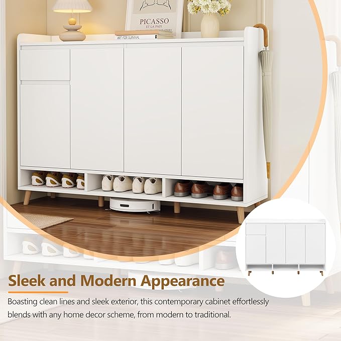 JIVOIT Shoe Cabinet with Adjustable Shelves, Drawer, Sleek and Contemporary Shoe Rack with Solid Wood Legs, Minimalist Home Organizer Storage Sideboard for Entryway, Living Room (White,167)