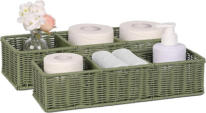 Toilet Paper Basket Decor: Sage Green Water-Resistant Organizer - 3-Section Basket Set | Modern Minimalist Storage 2-Pack