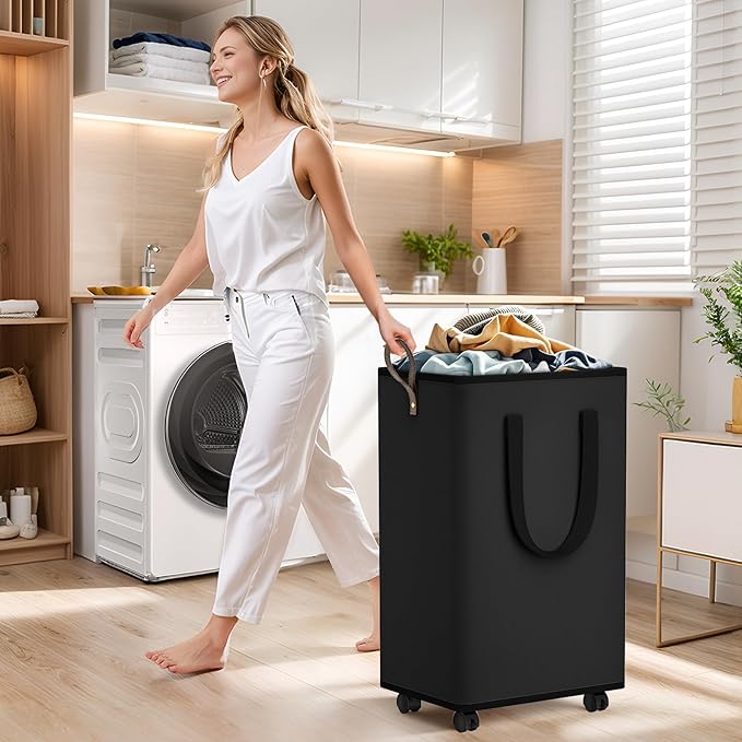 SpaceTrove Laundry Basket with Wheels, Collapsible Laundry Baskets, Laundry Hamper with Handles Detachable Wheels, Rolling Laundry Basket, Dirty Clothes Hamper for Bathroom, Dorm, Bedroom, Black, 100L