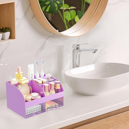 Makeup Organizer with 2 Drawers, Cosmetic Storage for Dresser Vanity and Bathroom Countertop,Make up organization and Skincare Storage with Beauty Brush Holder, Cosmetic Display Case (Purple)