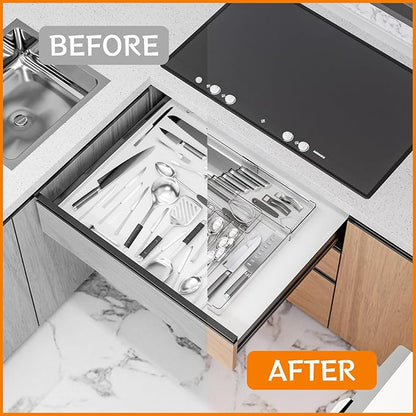 Yieach Clear Expandable Silverware Drawer Organizer - Adjust From 11'' to 22'' - Knife,Cutlery,Spoons and Forks Organizer,Large 8 Grid Flatware,Silverware Tray,Utensil Organizer for Kitchen Drawers
