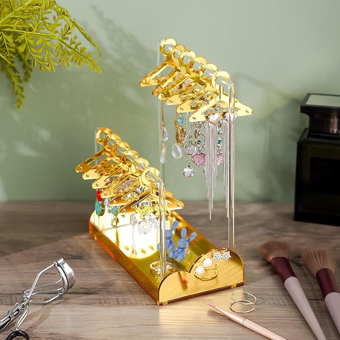 NiHome Acrylic Earring Holder with Unique Double-Tiered Design, Cute Miniature Clothing Hangers with Spacious Storage for 48 Pairs, Display for Home Vanity & Retail Showrooms(Gold, With Tray)