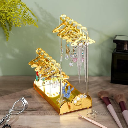 NiHome Acrylic Earring Holder with Unique Double-Tiered Design, Cute Miniature Clothing Hangers with Spacious Storage for 48 Pairs, Display for Home Vanity & Retail Showrooms(Gold, With Tray)